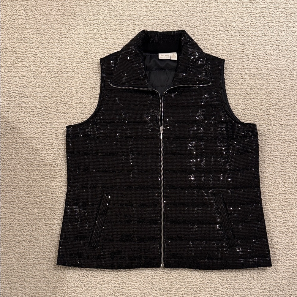 Chicos Collection Sequin Black Quilted Vest Size 2 (12/14-L)
